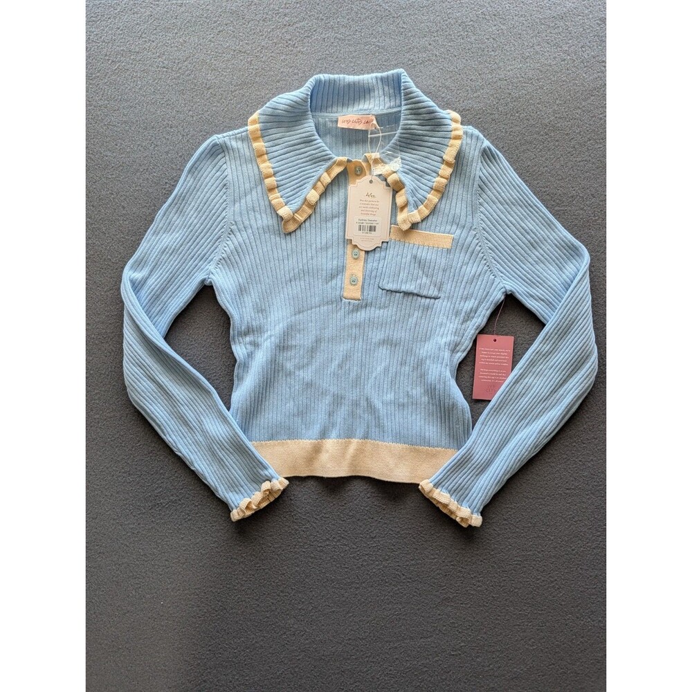 NWT Ivy City Co Sydney Sweater Women’s XS Blue Cream Ruffle Collar Ribbed